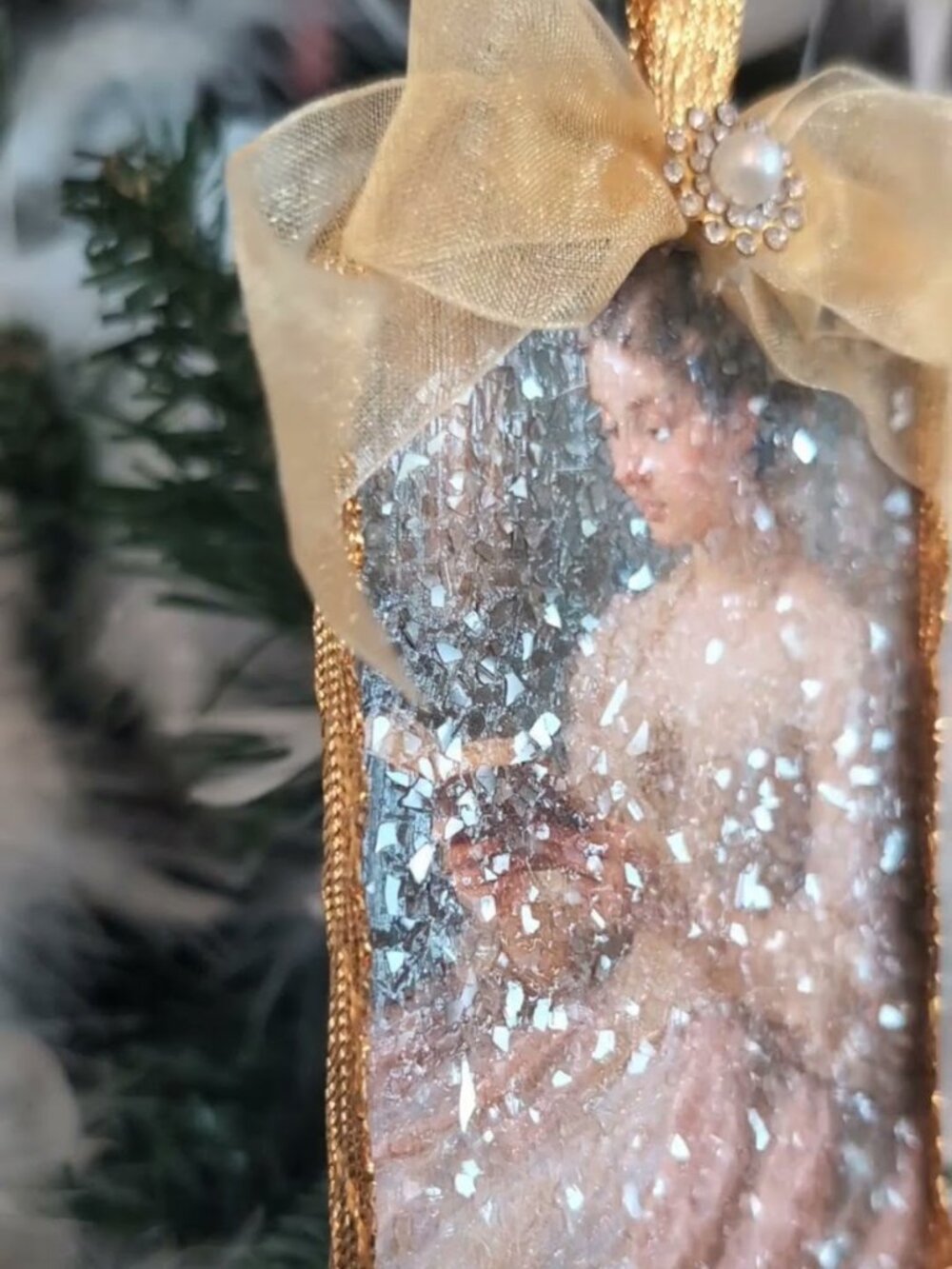 Handmade Victorian Lady w/Book Decoupage Glass Glitter Christmas Tree Ornament